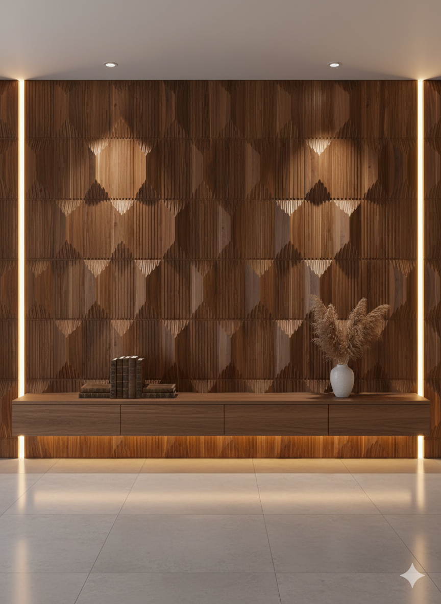 3D textured wooden wall panel.