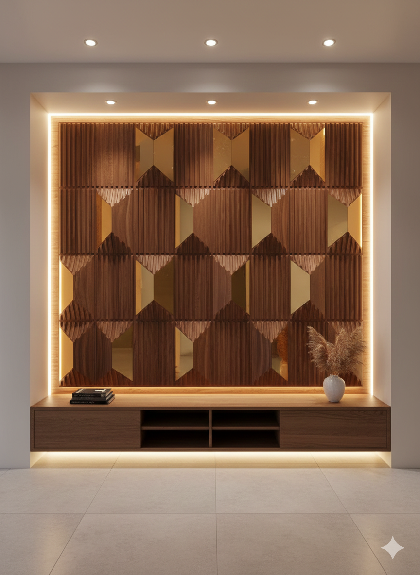 3D textured wooden and gold wall panel