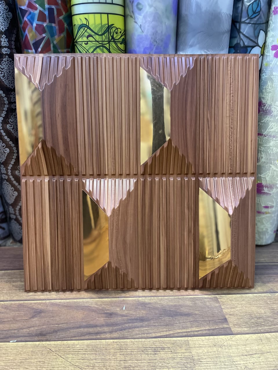 3D textured wooden and gold wall panel